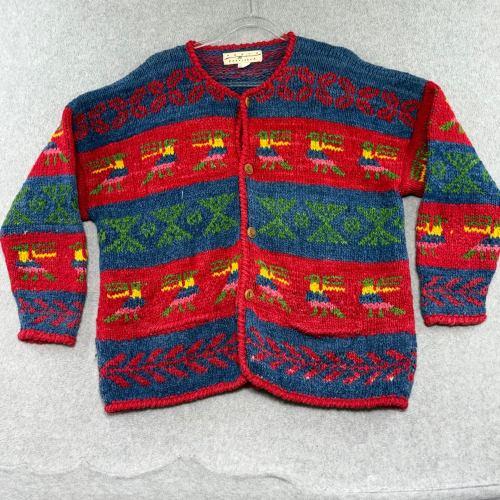 Nuevo Americana Wool Cardigan Womens L Red Blue Bird Knit Folk Art Sweater
